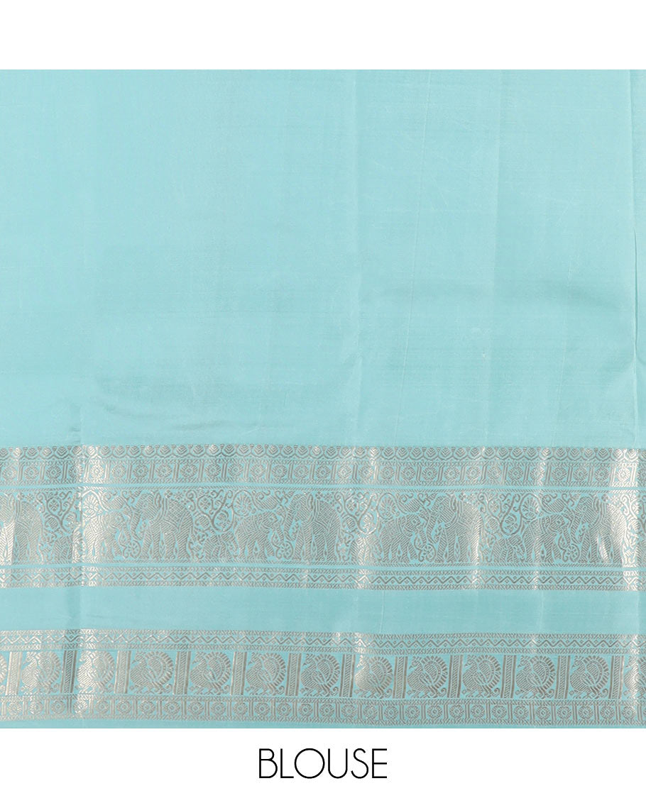 Brown zari buttas silk saree with contrast rettai pettu border of thilakam, yaanai, neli, and mayil designs, and intricate pallu