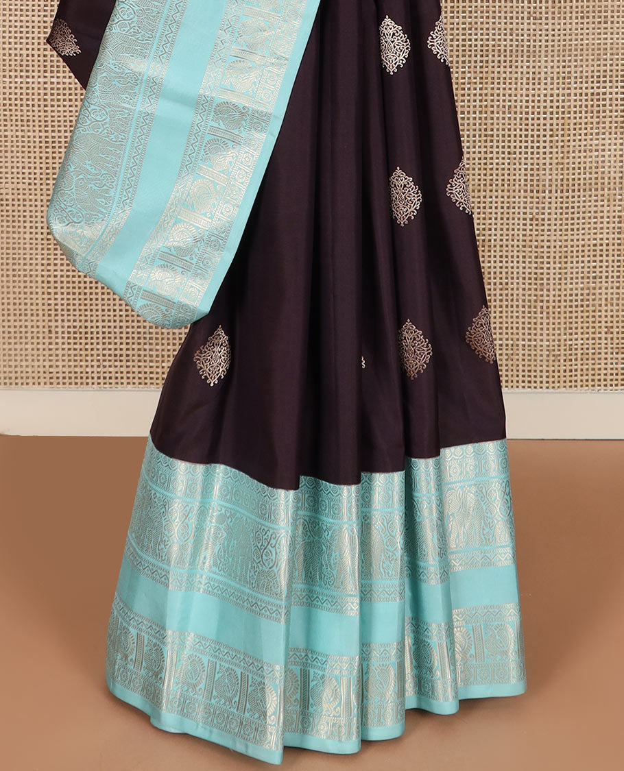 Brown zari buttas silk saree with contrast rettai pettu border of thilakam, yaanai, neli, and mayil designs, and intricate pallu