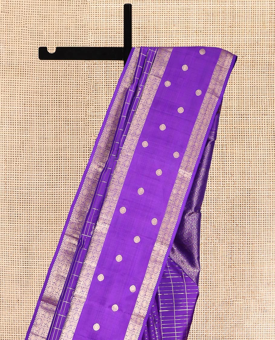 Violet Vasundhara Silk Saree, Embellished with Mayil-Chakram Buttas and Checks, Highlighted by a Zari Mayil-Chakram Border, Scallop Design Pallu, and a Matching Blouse
