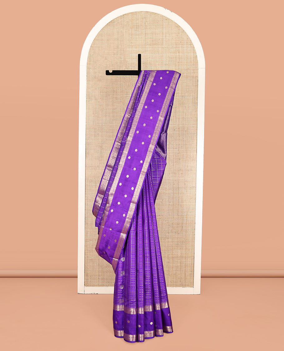 Violet Vasundhara Silk Saree, Embellished with Mayil-Chakram Buttas and Checks, Highlighted by a Zari Mayil-Chakram Border, Scallop Design Pallu, and a Matching Blouse