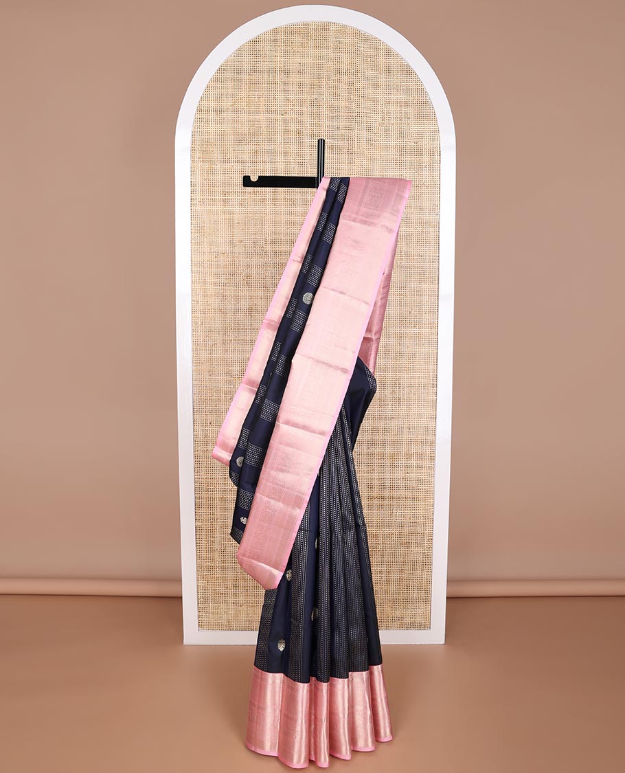 Dark blue floral design silk saree with contrast border of rekku, ara madam design & zari design pallu