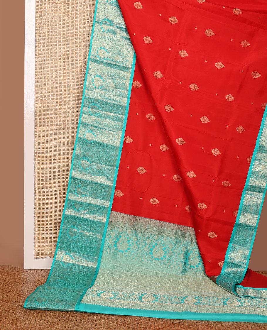 Red zari buttas silksaree,contrast pallu of jaal & mayil & border of rekku,kuyil kann,kathir,mayil & kodi visiry design
