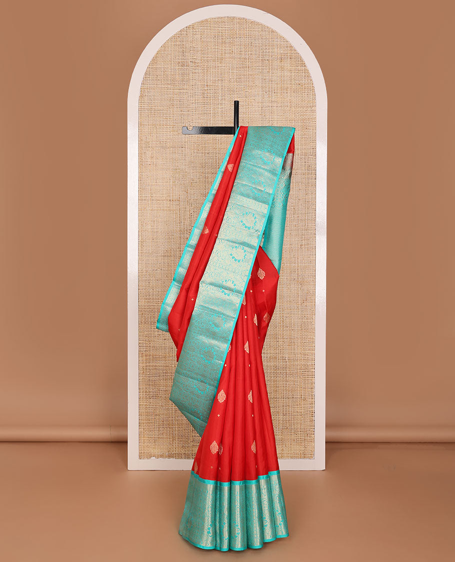 Red zari buttas silksaree,contrast pallu of jaal & mayil & border of rekku,kuyil kann,kathir,mayil & kodi visiry design