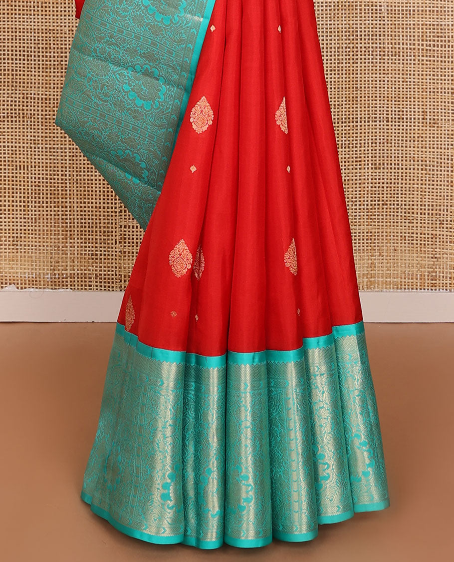 Red zari buttas silksaree,contrast pallu of jaal & mayil & border of rekku,kuyil kann,kathir,mayil & kodi visiry design