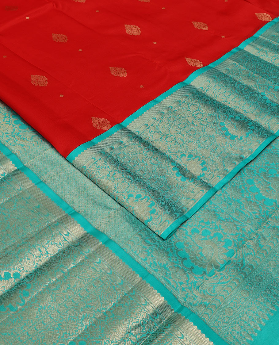Red zari buttas silksaree,contrast pallu of jaal & mayil & border of rekku,kuyil kann,kathir,mayil & kodi visiry design