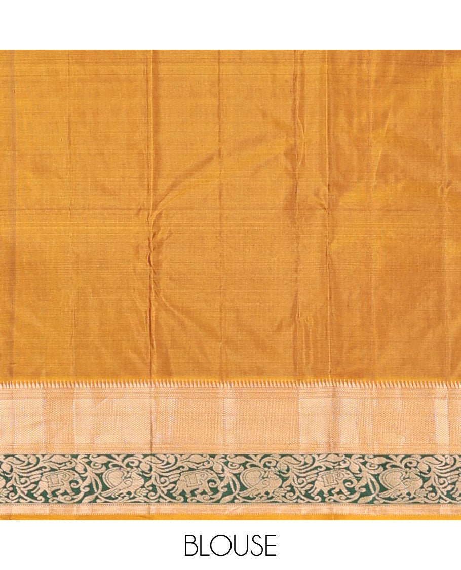 Brown buttas silksaree,contrast border of rekku,kathir,kuyil kann & yaanai & mayil & meenakari Mughal-style floral bunches pallu