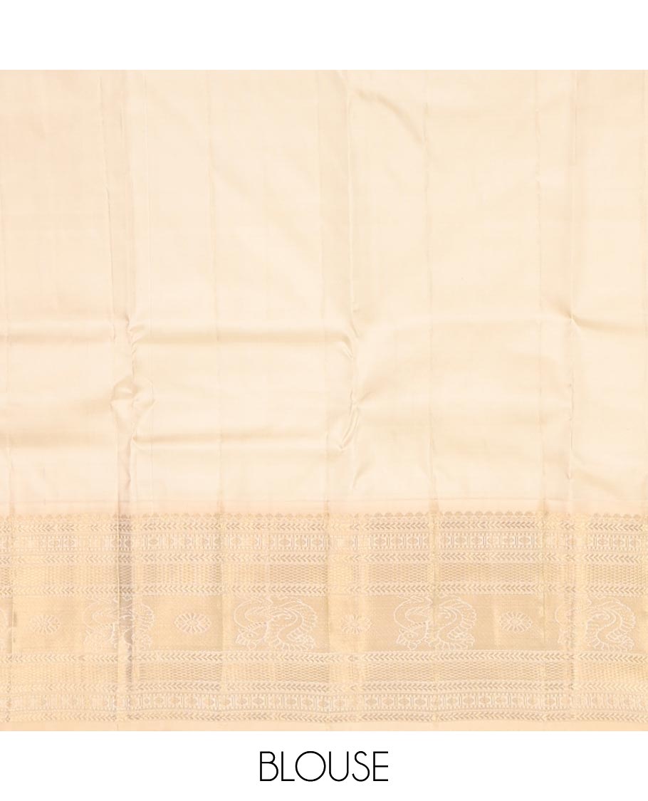 Orange zari buttas silk saree, contrast mayil kann pallu & border of thilakam,kathir,rudraksham,mayil kann & annam chakram