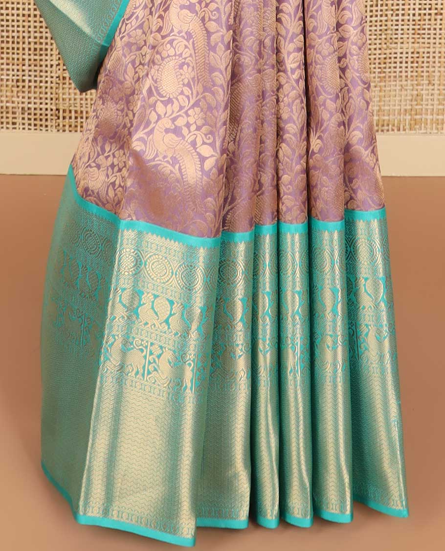 Mauve floral design kancheepuram silk saree with contrast border of rekku, banaras, poo chakram, mayil design & zari design pallu