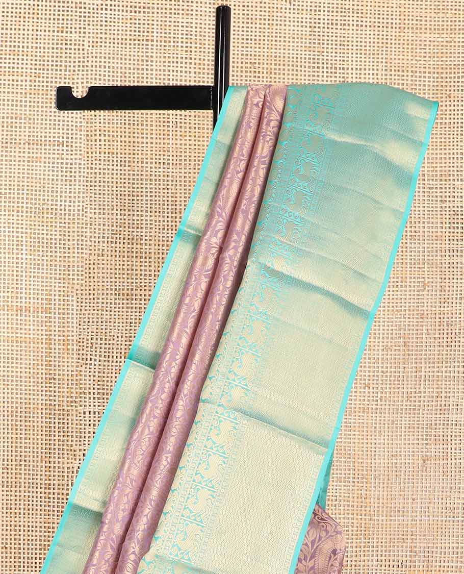 Mauve floral design kancheepuram silk saree with contrast border of rekku, banaras, poo chakram, mayil design & zari design pallu