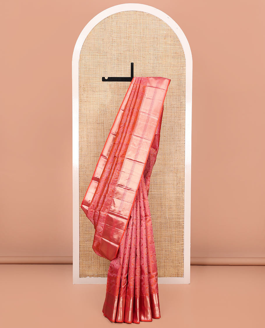 Orange Kanchipuram Wedding Silk Saree, Majestically Detailed with Jacquard Designs on Its Body, Highlighted by a Zari Border of Rekku, Muthu, and Neli Designs, Beautifully Bedecked Pallu, and Paired with a Matching Blouse