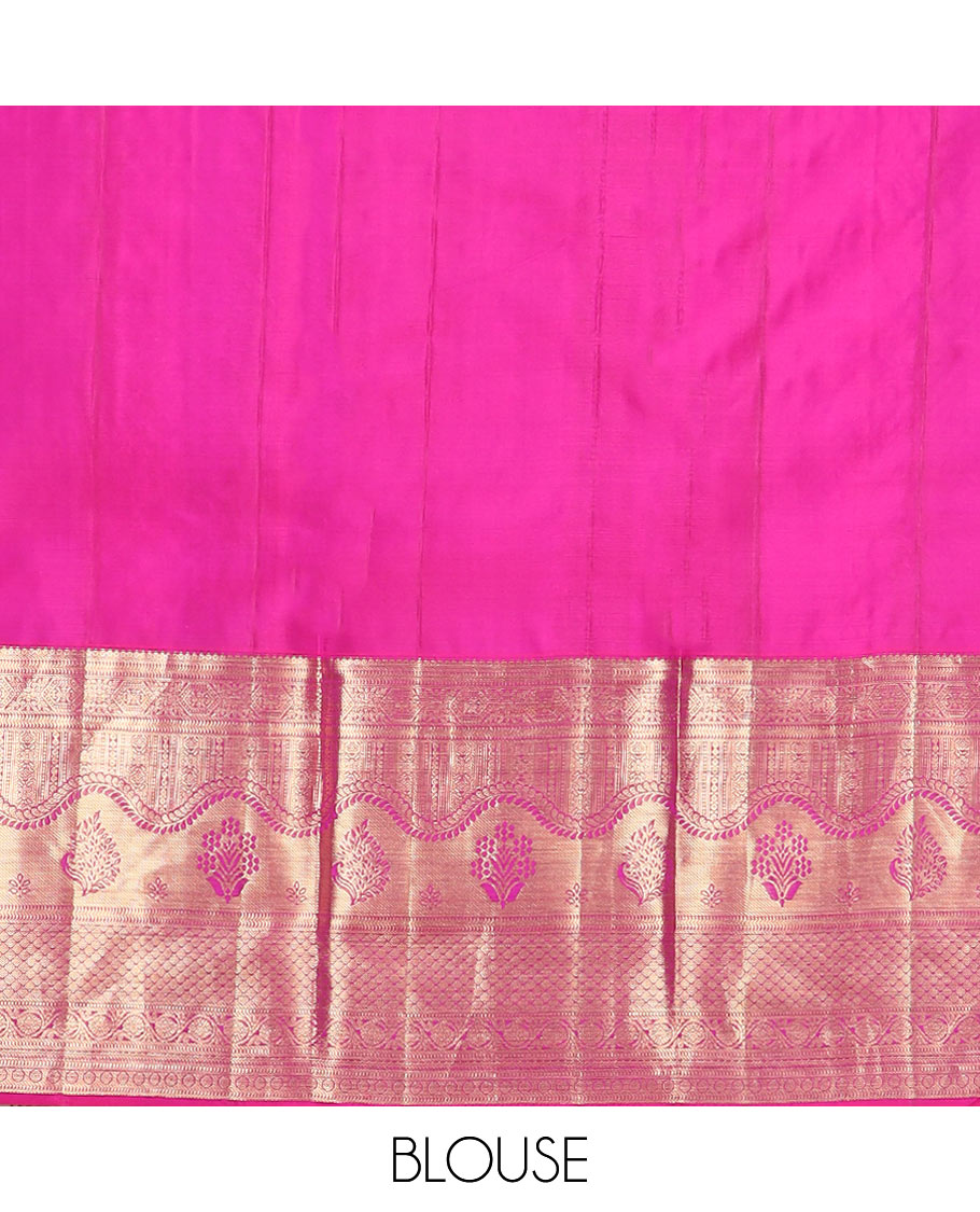 Orange jacquard Kanchipuram wedding silk saree, contrast traditional zari design border, and zari-rich jaal pallu