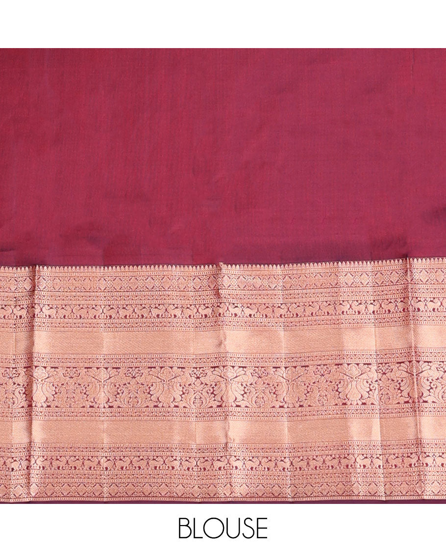 Maroon mayil & floral jacquard wedding silk saree, zari border of rekku,Muthu,yaali & mayil & intricately accentuated pallu