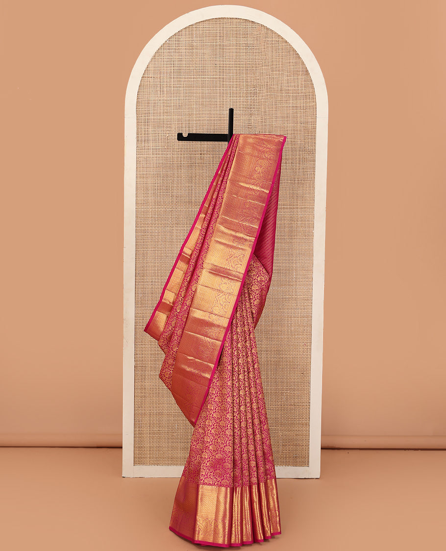 Pink jacquard wedding silk saree, zari border of thilakam,muthu,kathir,mayil kann, and chakram designs, and intricate pallu