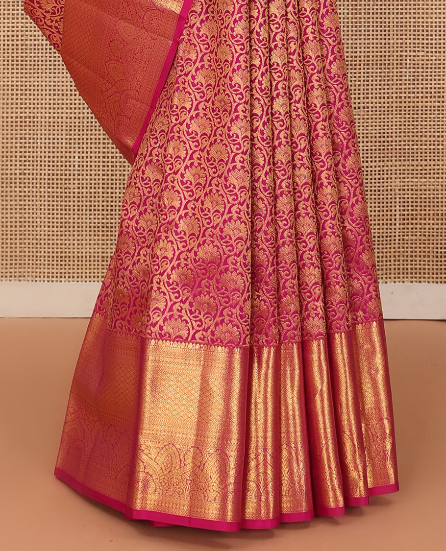 Pink jacquard wedding silk saree, zari border of thilakam,muthu,kathir,mayil kann, and chakram designs, and intricate pallu