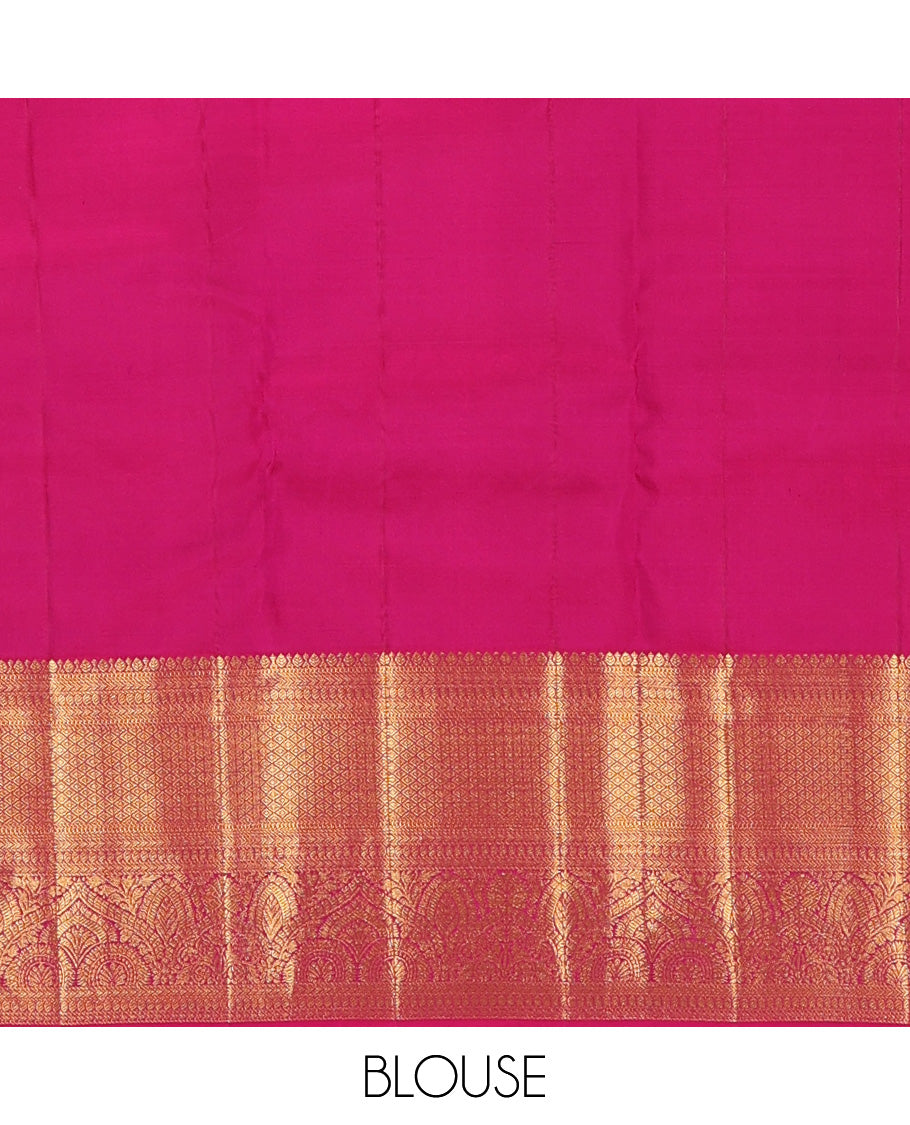 Pink jacquard wedding silk saree, zari border of thilakam,muthu,kathir,mayil kann, and chakram designs, and intricate pallu
