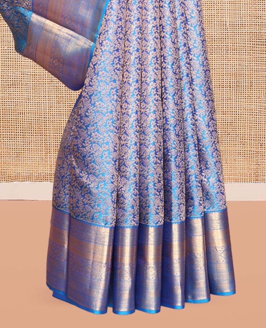 Blue Kanchipuram Wedding Silk Saree, Detailed with Jacquard Design, a Zari Border of Traditional Designs, Grand Pallu, and a Matching Blouse