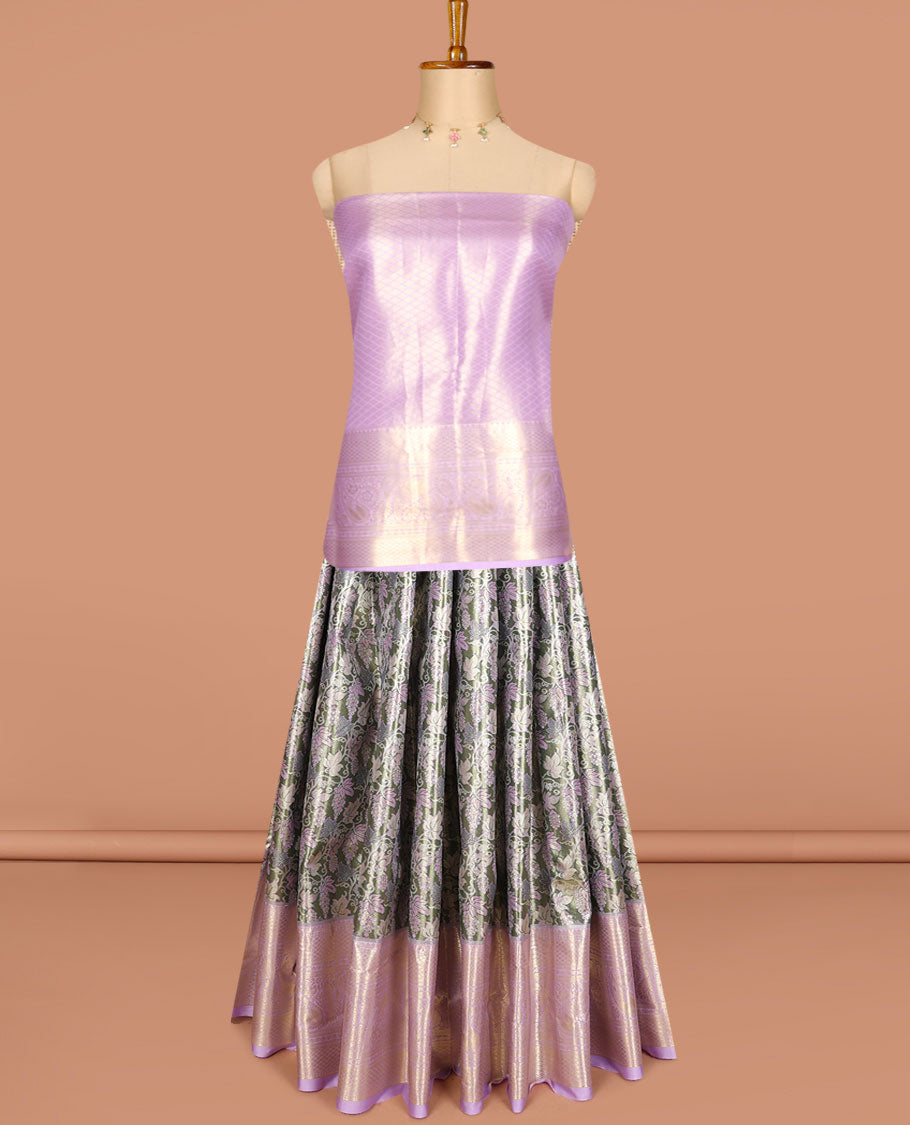 Grey art silk half saree, floral meena jacquard with contrast traditional zari border skirt, jacquard contrast blouse and zari woven dhavani