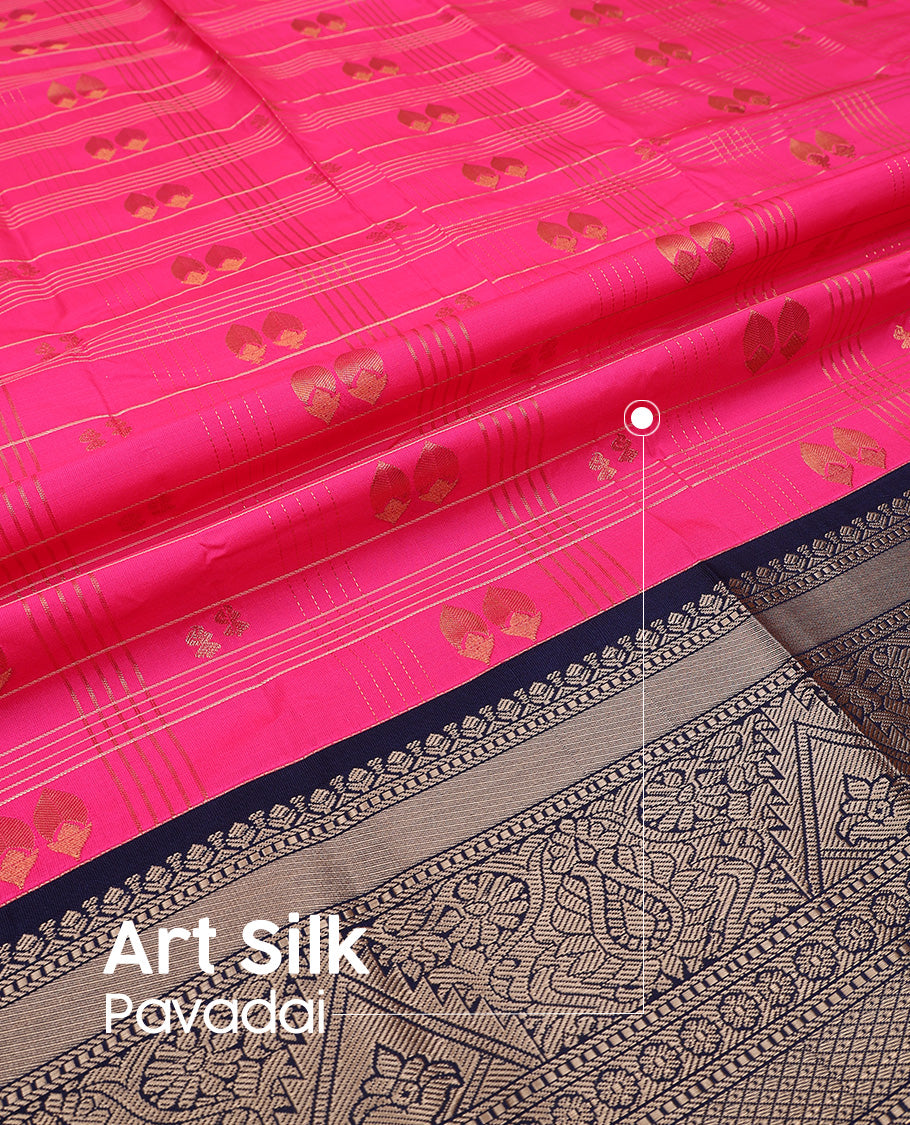 Pink art silk pavadai set, zari design with contrast traditional zari bordered skirt and a contrast zari design blouse