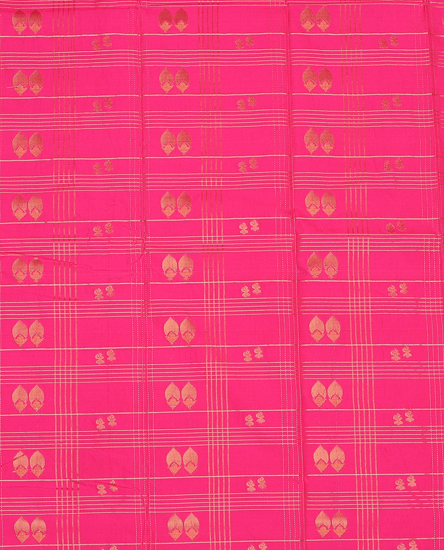 Pink art silk pavadai set, zari design with contrast traditional zari bordered skirt and a contrast zari design blouse