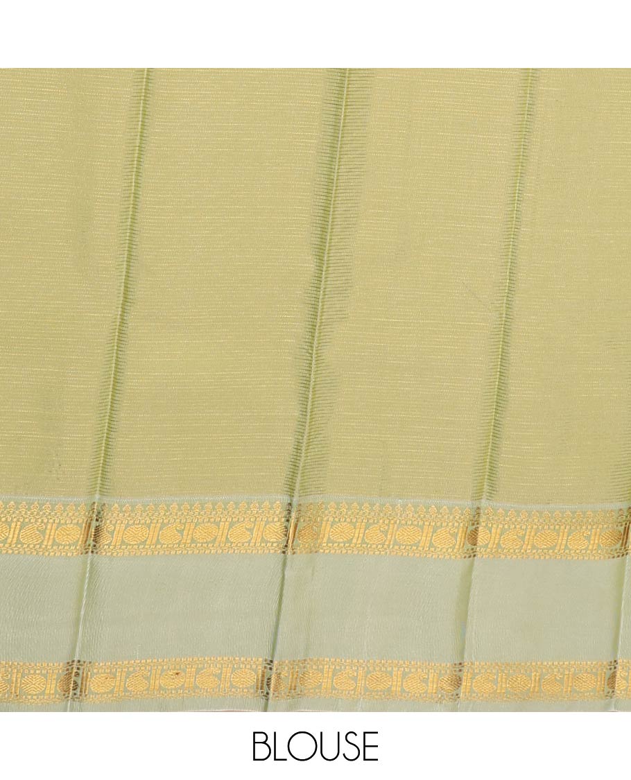 Green zari buttas and striped gift saree, contrast traditional zari rettai pettu design border, and intricate pallu