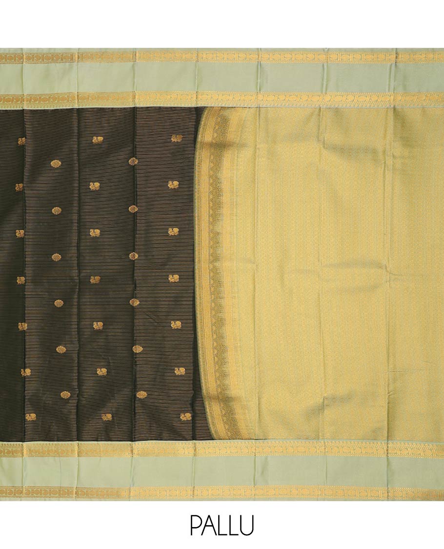 Green zari buttas and striped gift saree, contrast traditional zari rettai pettu design border, and intricate pallu