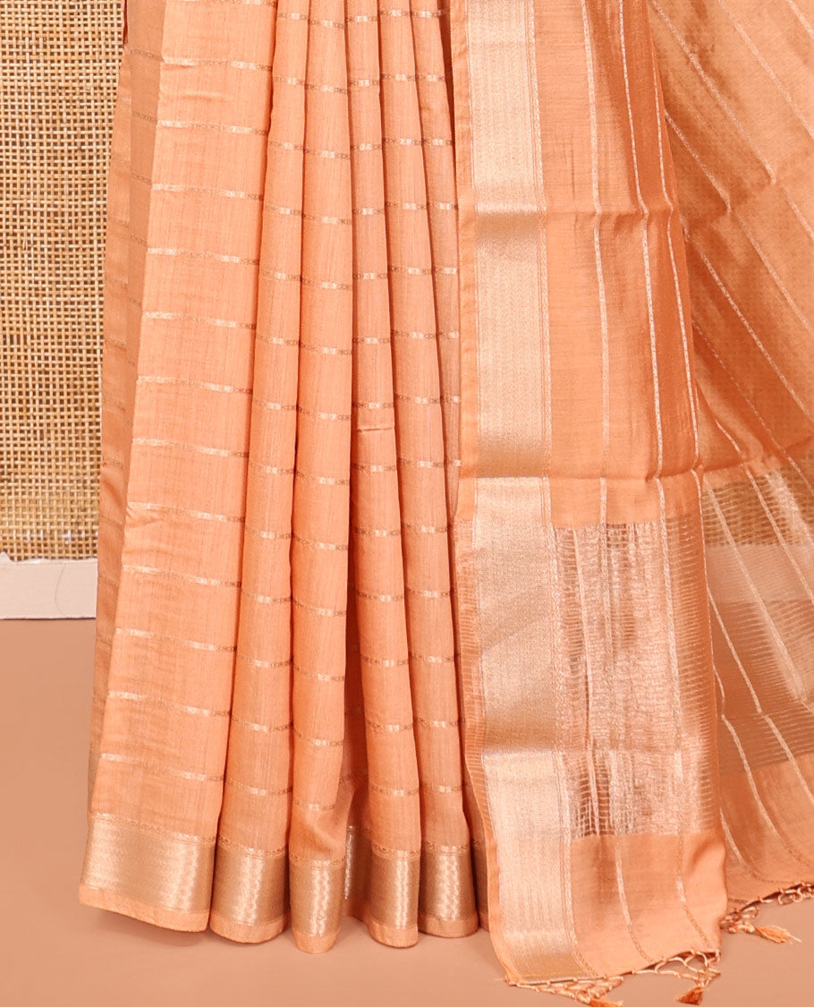 Peach Assam Silk Saree, Crafted with Zari Stripes, a Traditional Zari Border, a Gleaming Zari-Striped Pallu, and a Contrast Blouse