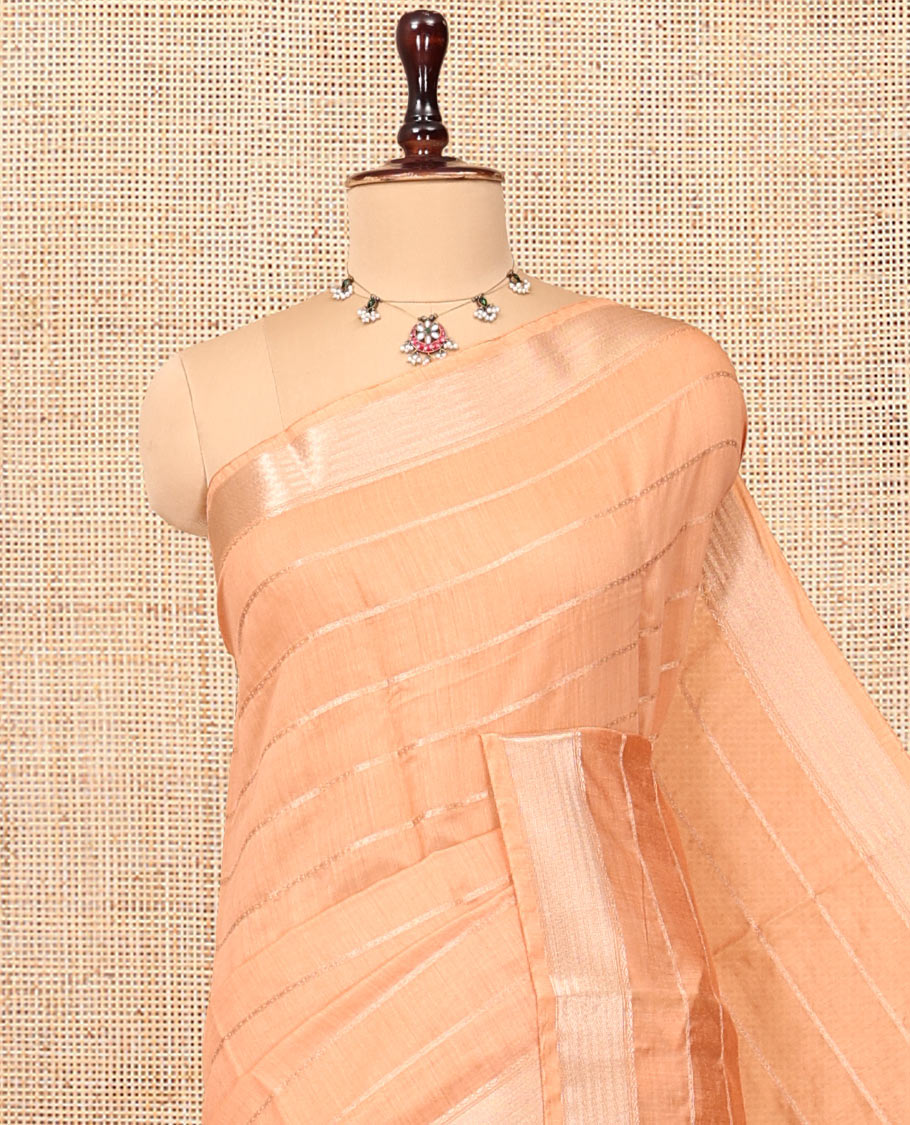 Peach Assam Silk Saree, Crafted with Zari Stripes, a Traditional Zari Border, a Gleaming Zari-Striped Pallu, and a Contrast Blouse