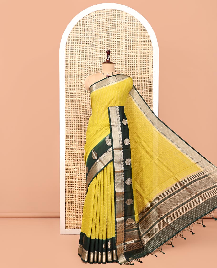 Yellow Assam Silk Saree, Sparsely Woven with Checks, Complemented by a Contrast Traditional Paisley Zari Border, Zari Striped Pallu, and a Contrast Blouse
