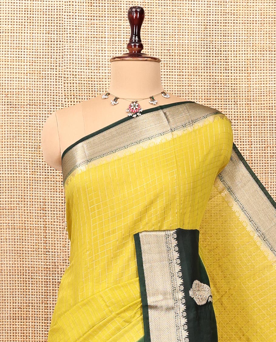 Yellow Assam Silk Saree, Sparsely Woven with Checks, Complemented by a Contrast Traditional Paisley Zari Border, Zari Striped Pallu, and a Contrast Blouse