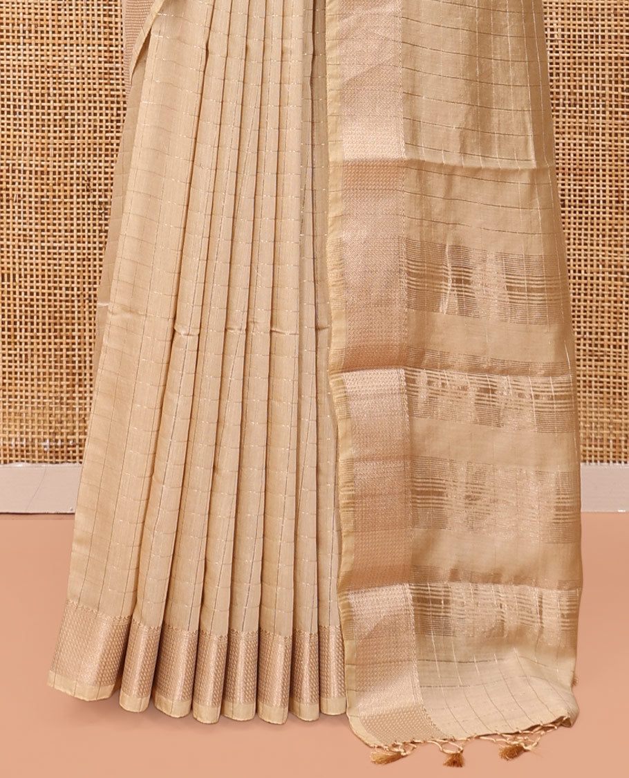 Sandal Assam Silk Saree, Subtly Sparkled with Zari Checks, Highlighted by Zari Border, Zari-Striped Pallu, and a Matching Blouse