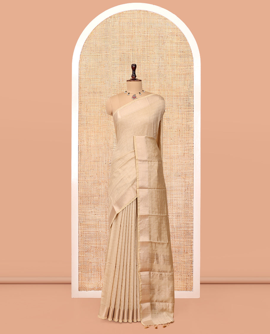 Sandal Assam Silk Saree, Subtly Sparkled with Zari Checks, Highlighted by Zari Border, Zari-Striped Pallu, and a Matching Blouse