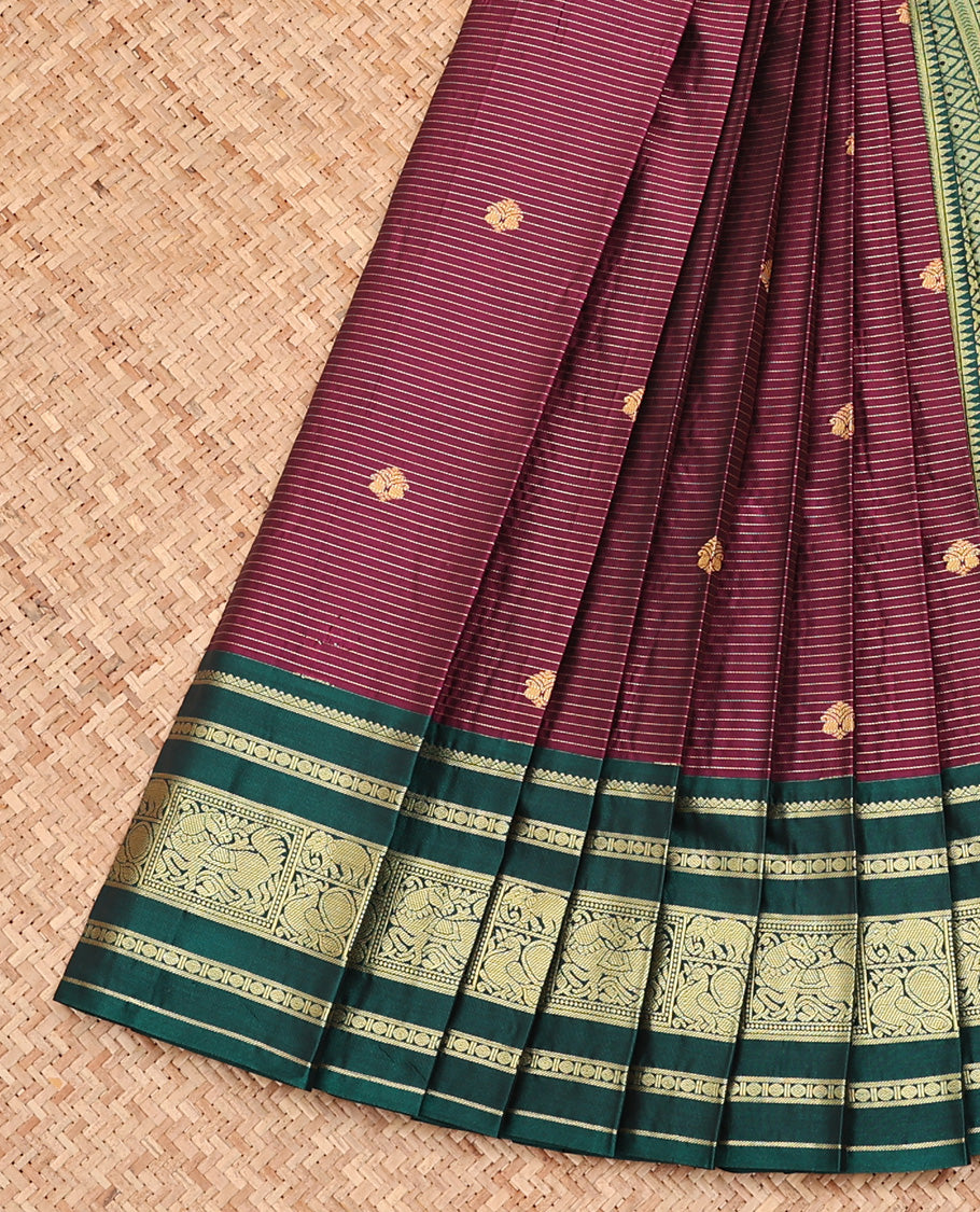 Purple Budget Silk Saree, Embellished with Zari Stripes and Buttas All Over Its Body, Complemented by Contrast Traditional Animal Motifs Woven Border, Jaal Pallu and Paired with a Contrast Blouse