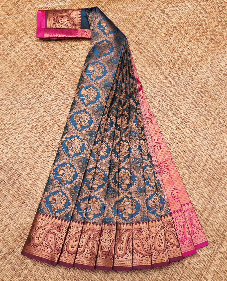 Blue Budget Silk Saree, Detailed with Jacquard, Complemented by Contrast Paisley Zari Border, Grand Jaal Pallu, and a Contrast Blouse