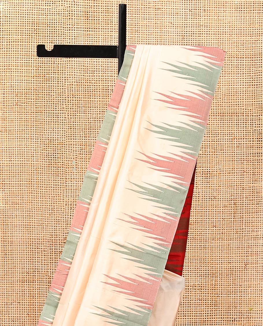 Light Sandal Plain Bangalore Silk Saree, Complemented by a Contrast Temple Border, Contrast Pallu of Stripes, and a Contrast Blouse