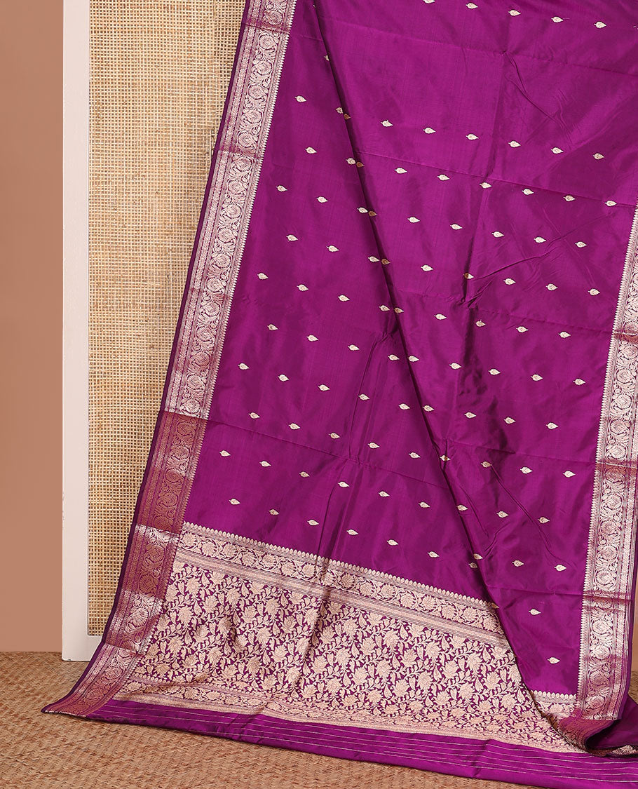 Magenta buttas banarasi kathan silk saree, floral creeper border, and floral jaal design pallu