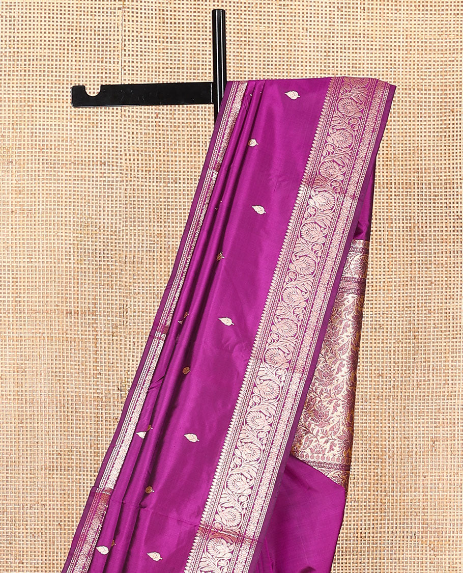 Magenta buttas banarasi kathan silk saree, floral creeper border, and floral jaal design pallu
