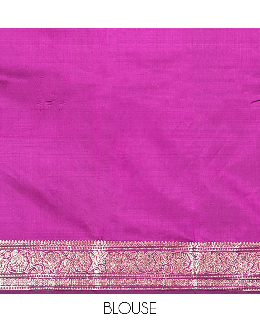 Magenta buttas banarasi kathan silk saree, floral creeper border, and floral jaal design pallu