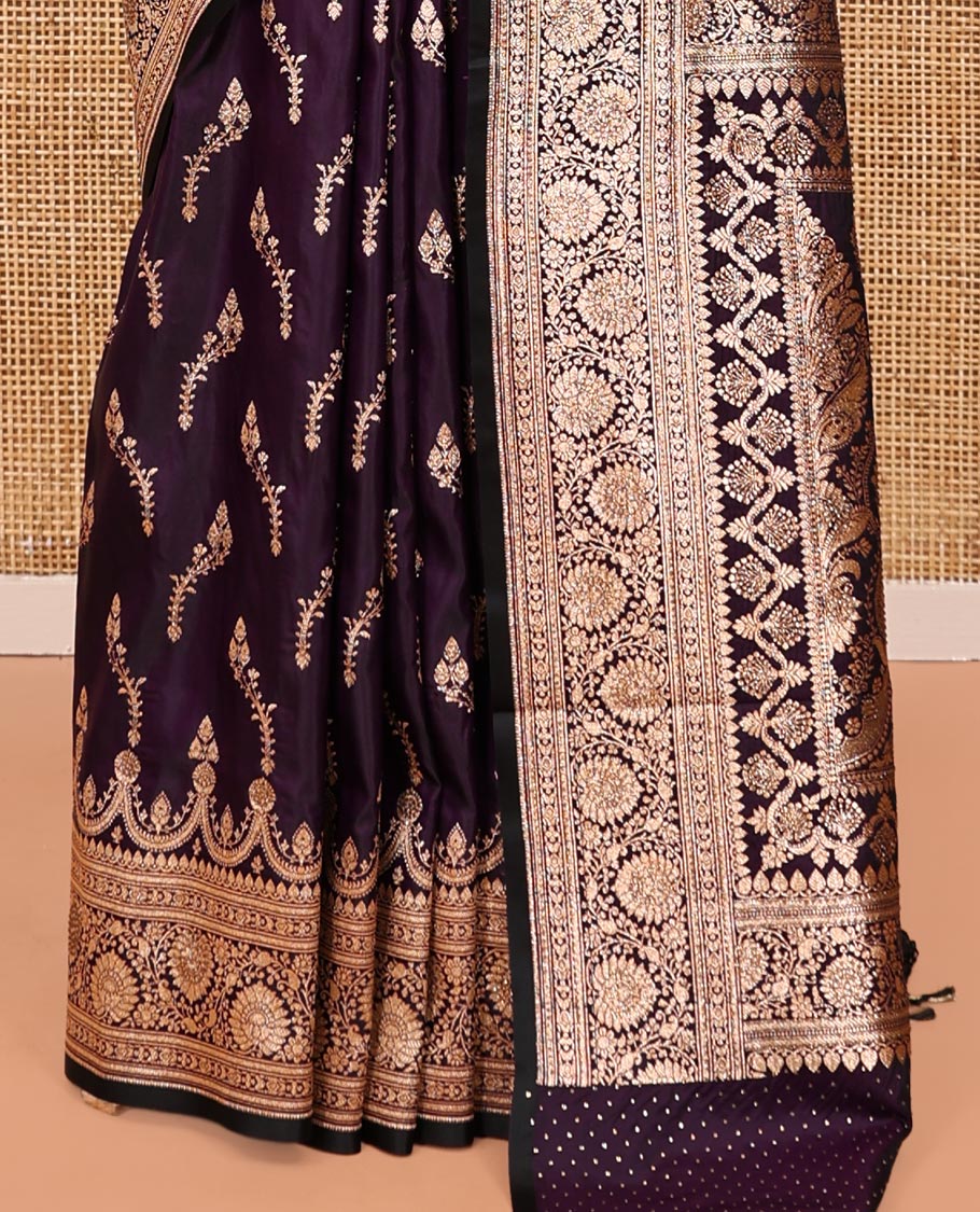 Dark Purple Banarasi Satin Saree, Beautified with Floral Buttas, a Floral Creeper Border, Intricate Stonework Pallu, and a Matching Blouse