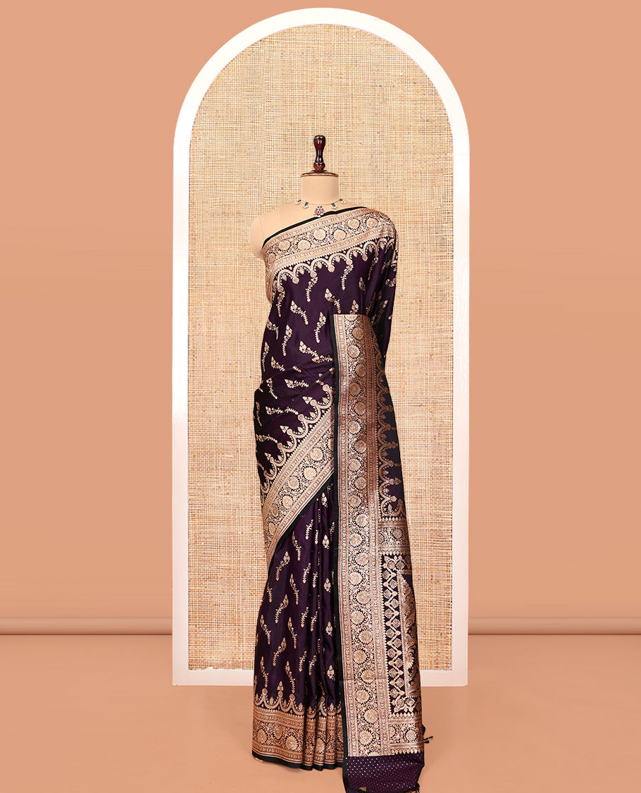 Dark Purple Banarasi Satin Saree, Beautified with Floral Buttas, a Floral Creeper Border, Intricate Stonework Pallu, and a Matching Blouse