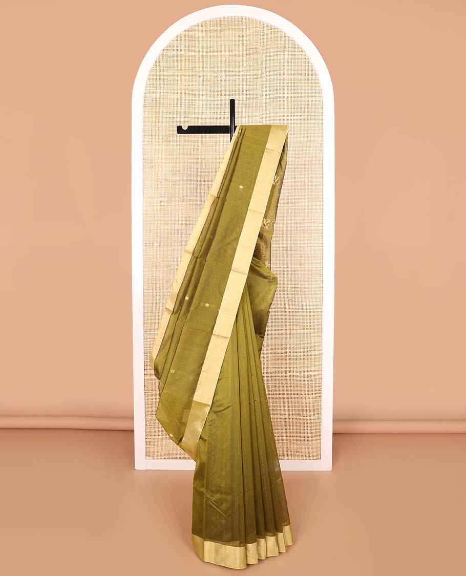 Olive green floral motifs chanderi cotton saree with contrast border & striped, floral design pallu