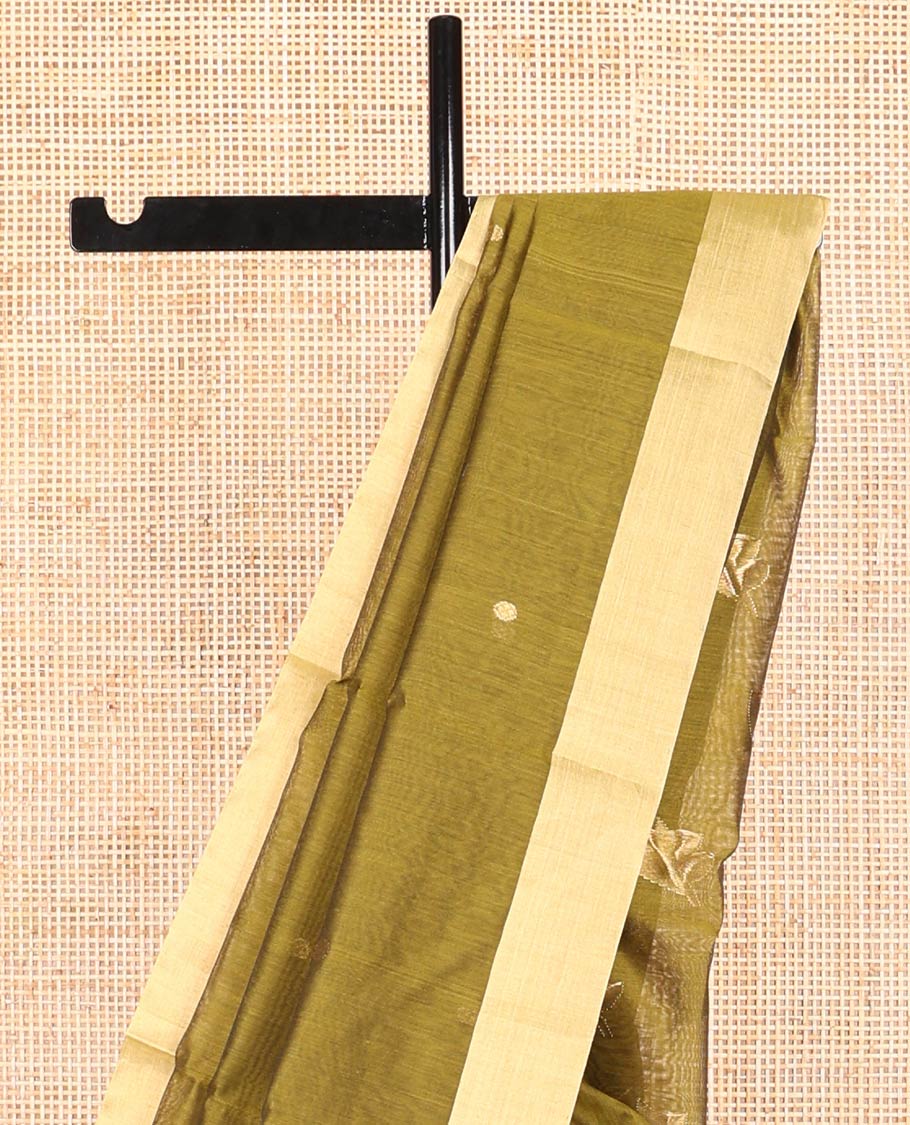 Olive green floral motifs chanderi cotton saree with contrast border & striped, floral design pallu
