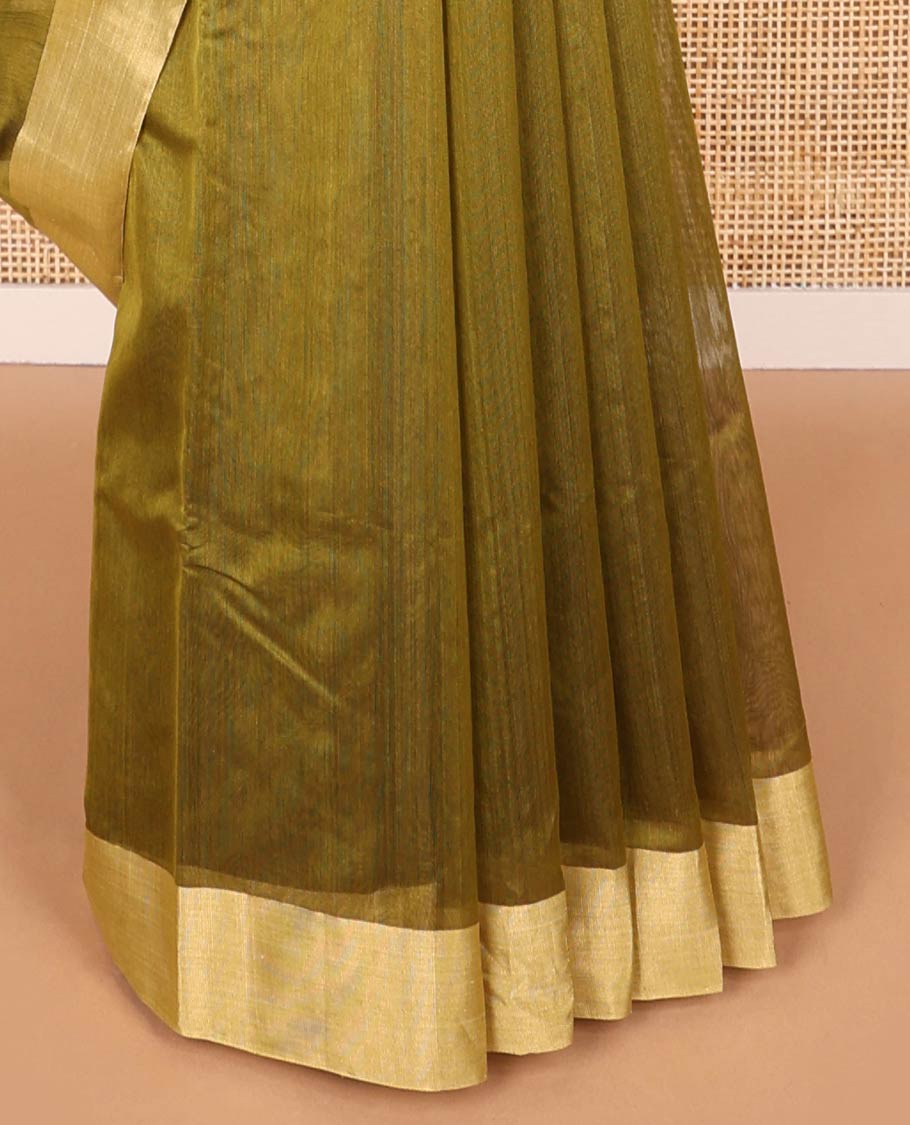 Olive green floral motifs chanderi cotton saree with contrast border & striped, floral design pallu