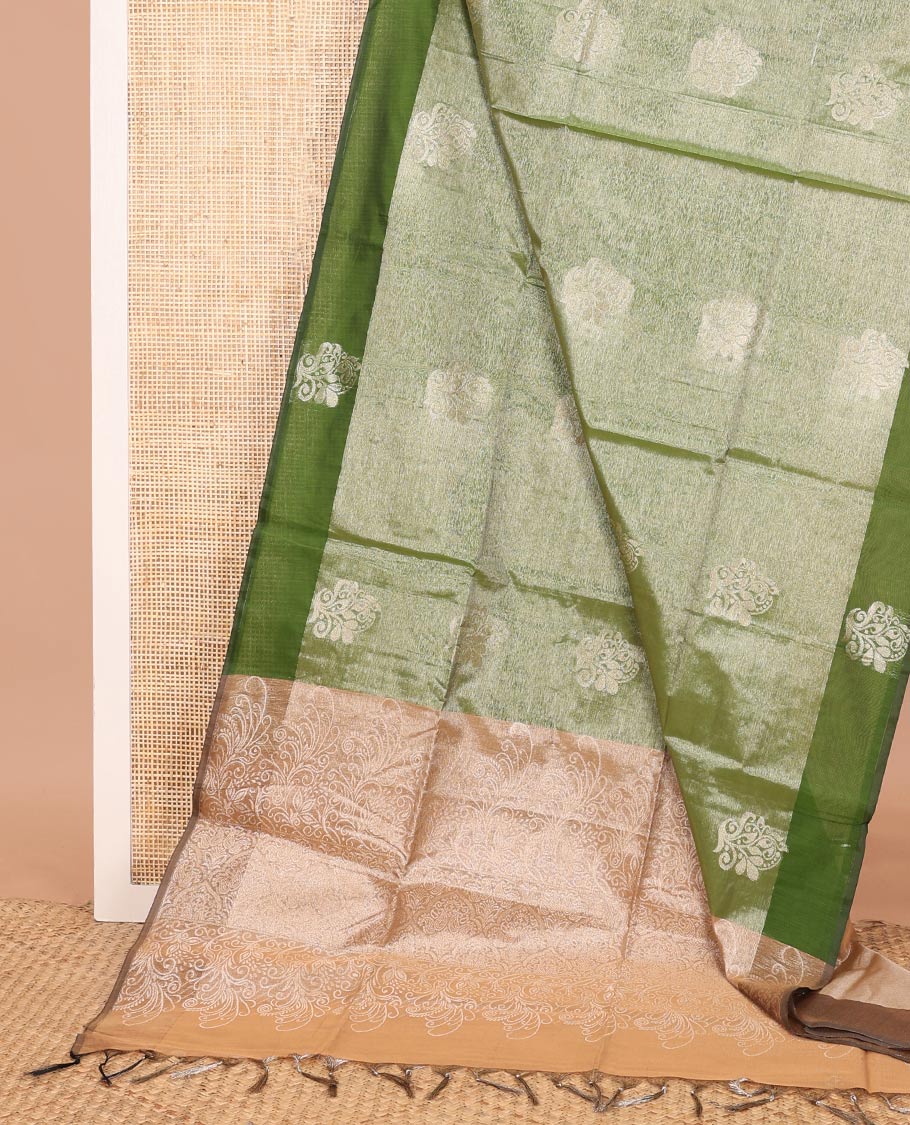Gleaming Green zari buttas semi-silk cotton saree, contrast zari woven border, and contrast intricate pallu