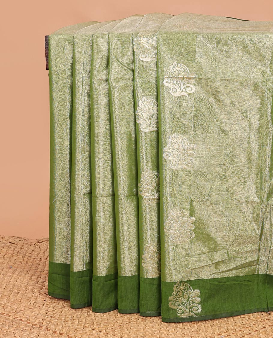 Gleaming Green zari buttas semi-silk cotton saree, contrast zari woven border, and contrast intricate pallu