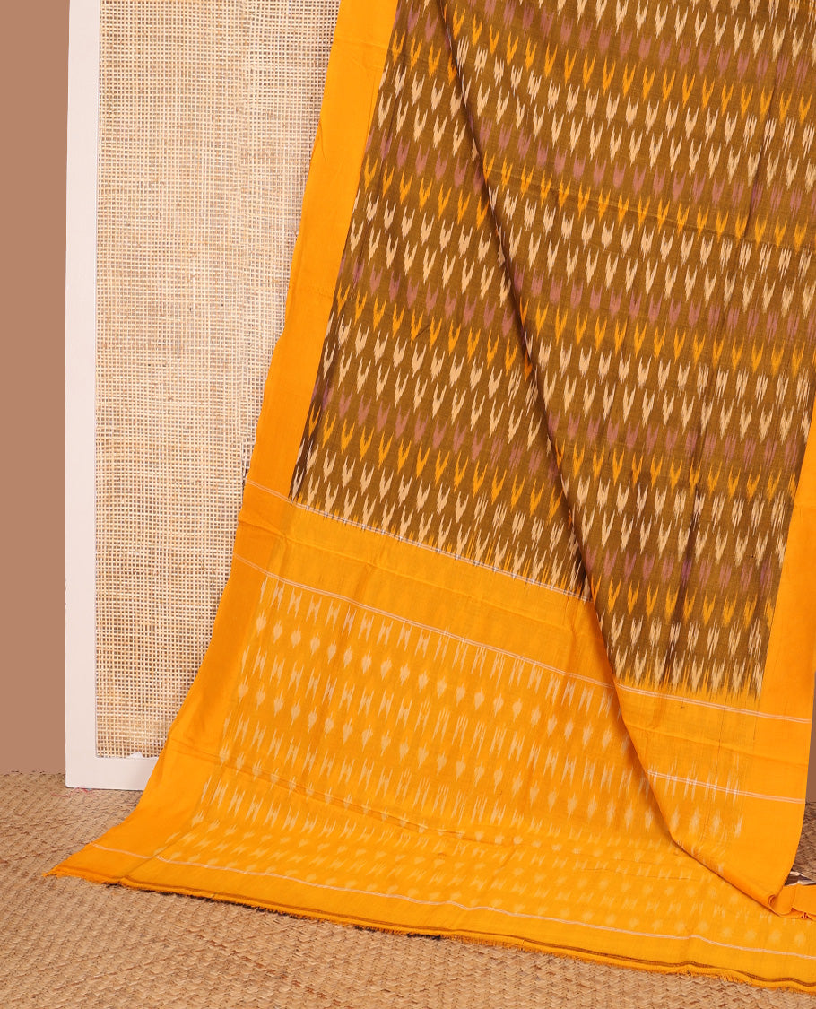 Mustard chevron buttas ikkat cotton saree, contrast plain border, and pallu of buttas