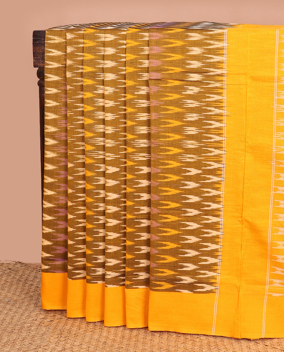 Mustard chevron buttas ikkat cotton saree, contrast plain border, and pallu of buttas
