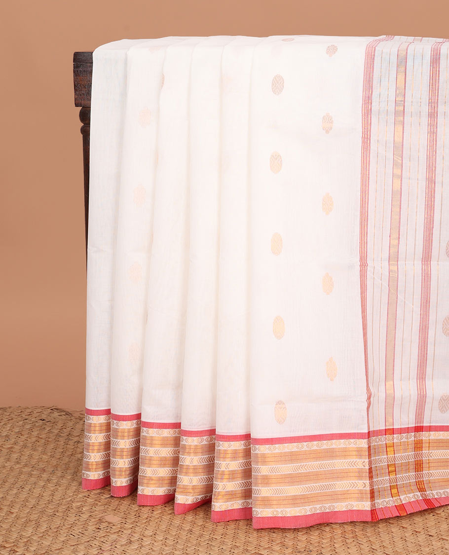 Cream zari buttas Venkatagiri cotton saree, contrast traditional zari border, and zari striped pallu