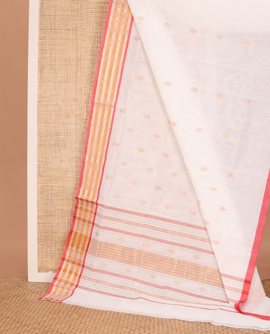 Cream zari buttas Venkatagiri cotton saree, contrast traditional zari border, and zari striped pallu