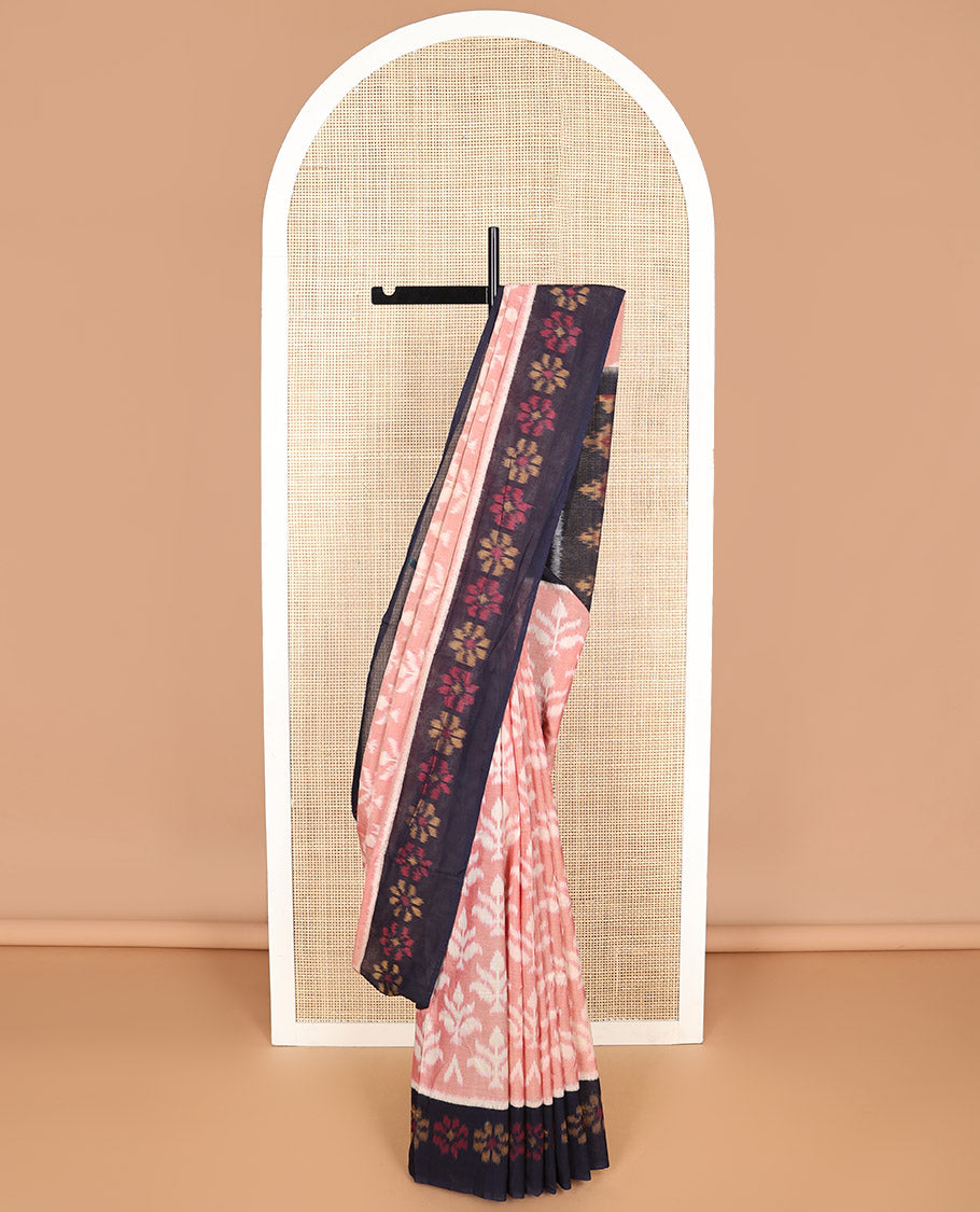 Peach floral ikkat cotton saree with contrast floral design border & floral design pallu