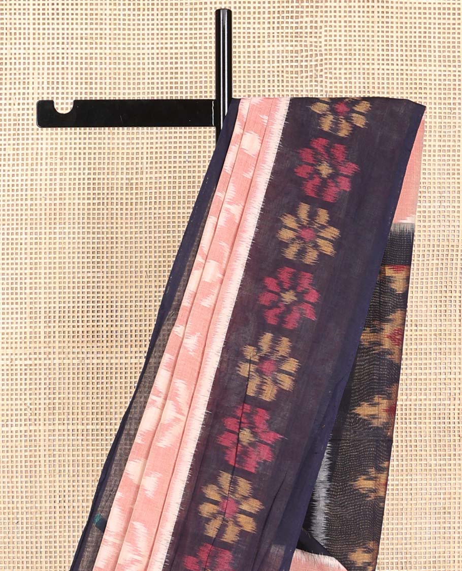 Peach floral ikkat cotton saree with contrast floral design border & floral design pallu